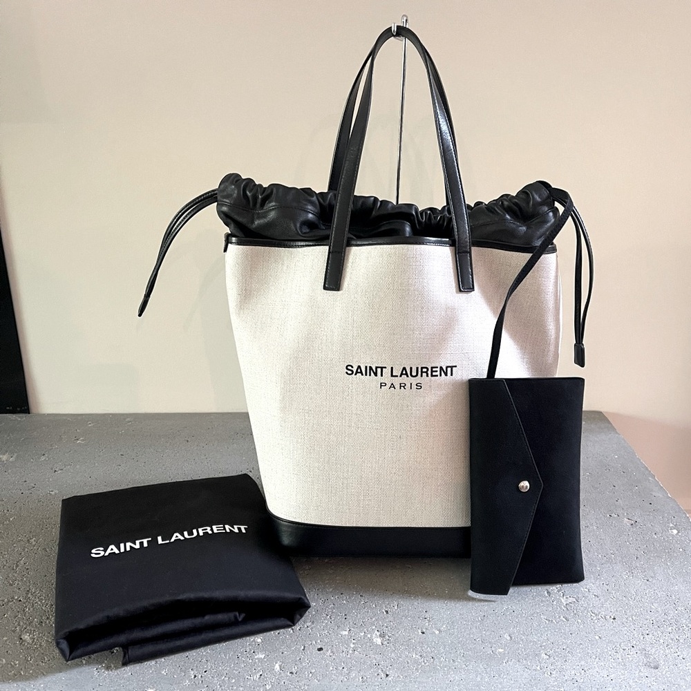 SAINT LAURENT Beige Canvas & Black Calfskin Leather Convertible Teddy Tote